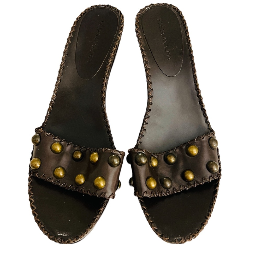 BCBG all leather slides with bronze studs
